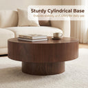 Round Solid Wood Coffee Table, Modern Low Profile Cylinder Base Center Table, Walnut Finish Circular Accent Table for Living Room Minimalist Home Decor